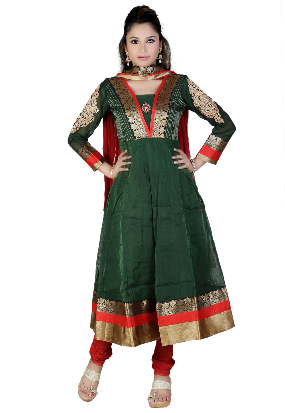 Green Chanderi Silk Readymade Churidar Salwar Kameez 194250