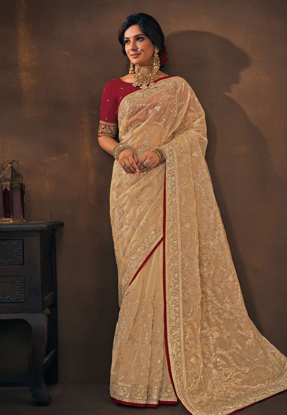 Beige Organza Saree With Blouse 273263