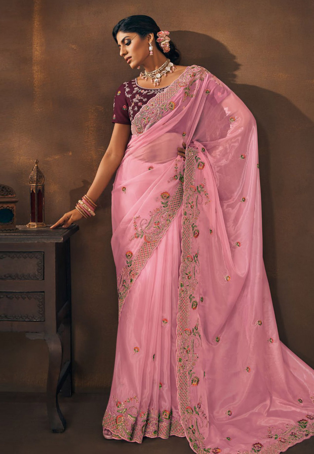 Pink Organza Saree With Blouse 273265