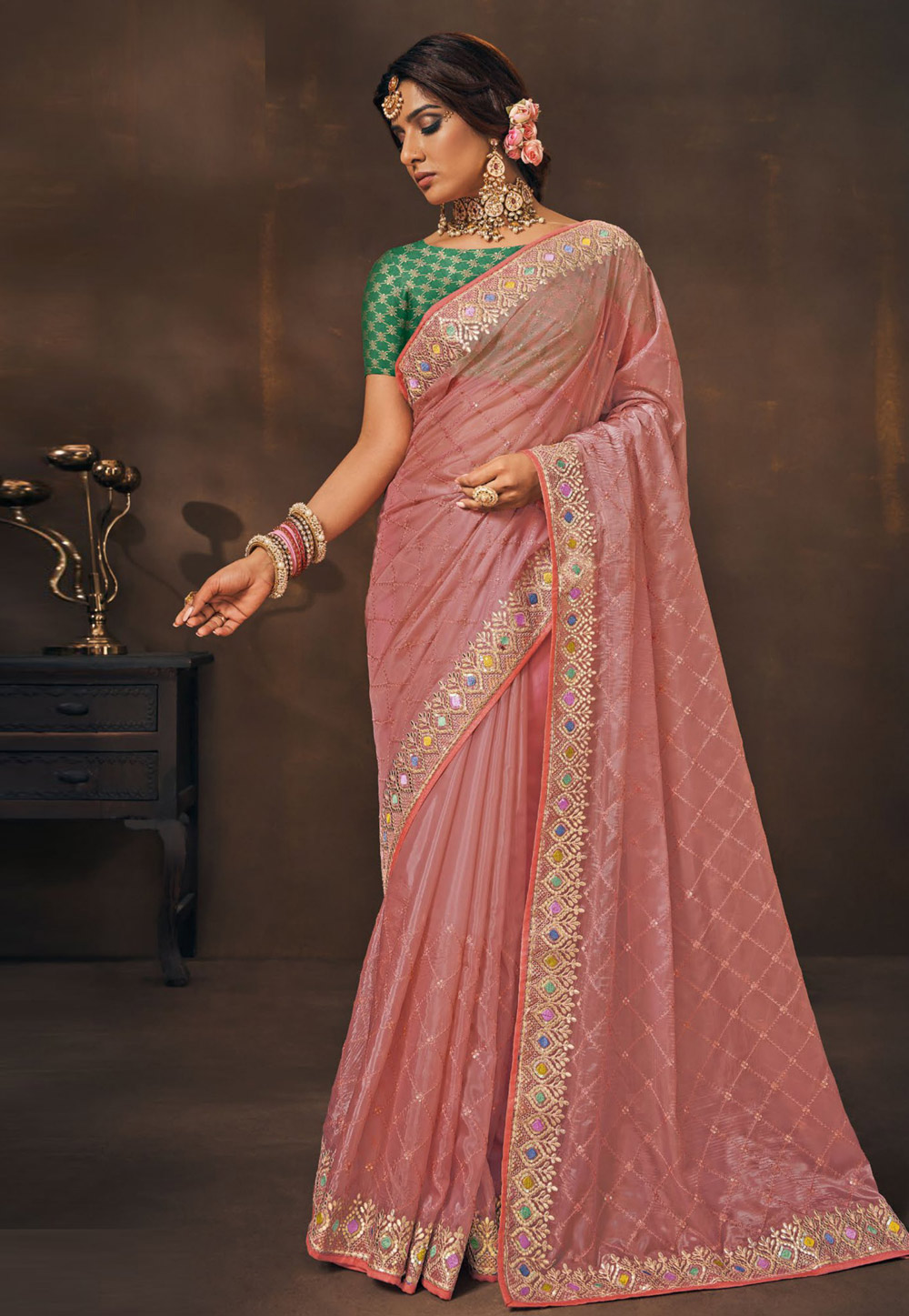 Peach Organza Saree With Blouse 273271