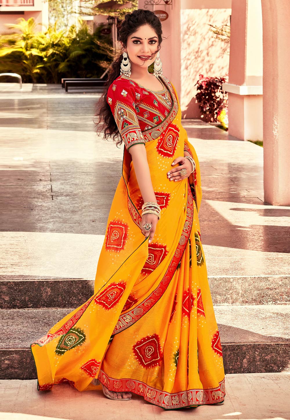 Orange Chiffon Bandhani Print Saree 273292