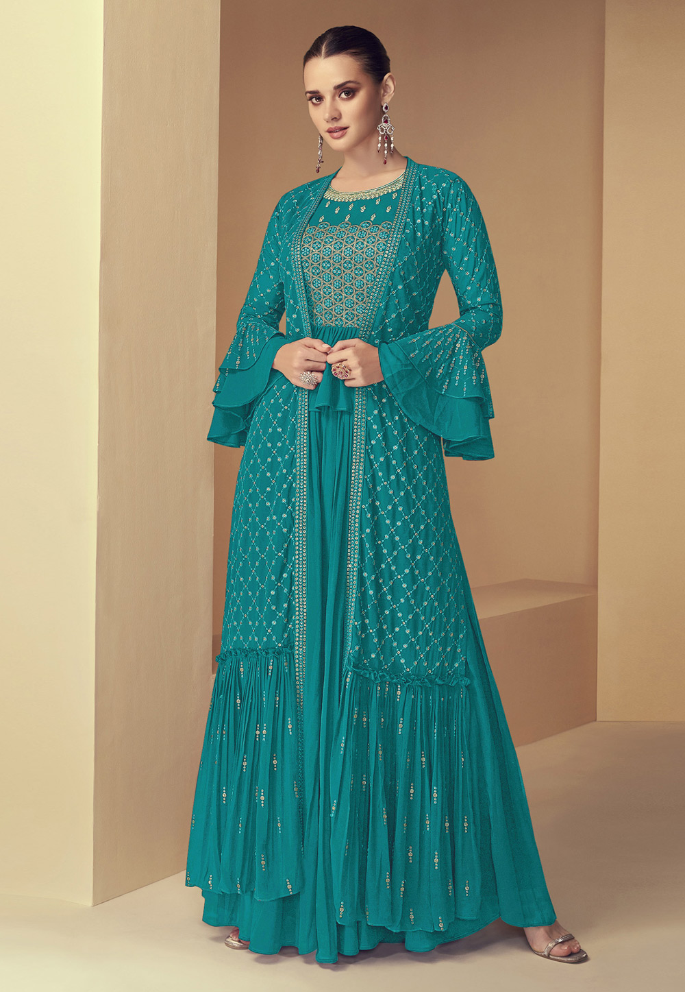 Turquoise Faux Georgette Sharara Suit 256416