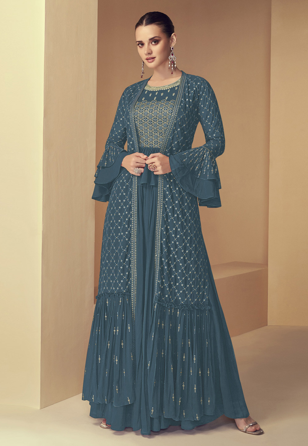 Teal Faux Georgette Sharara Suit 256417