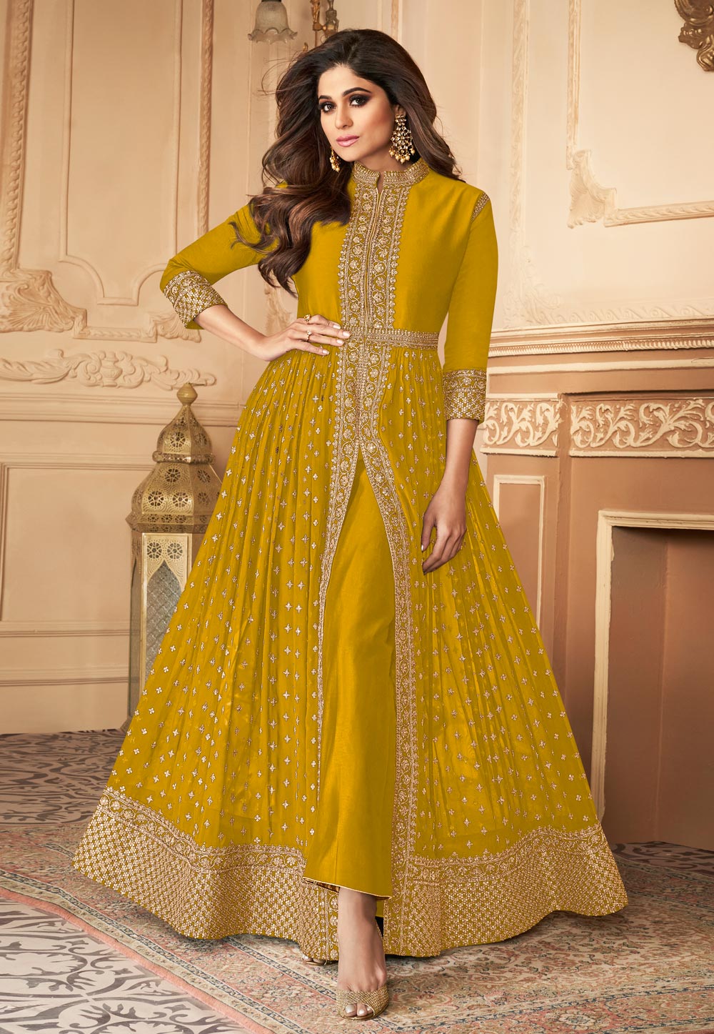 Shamita Shetty Mustard Georgette Bollywood Suit 217418