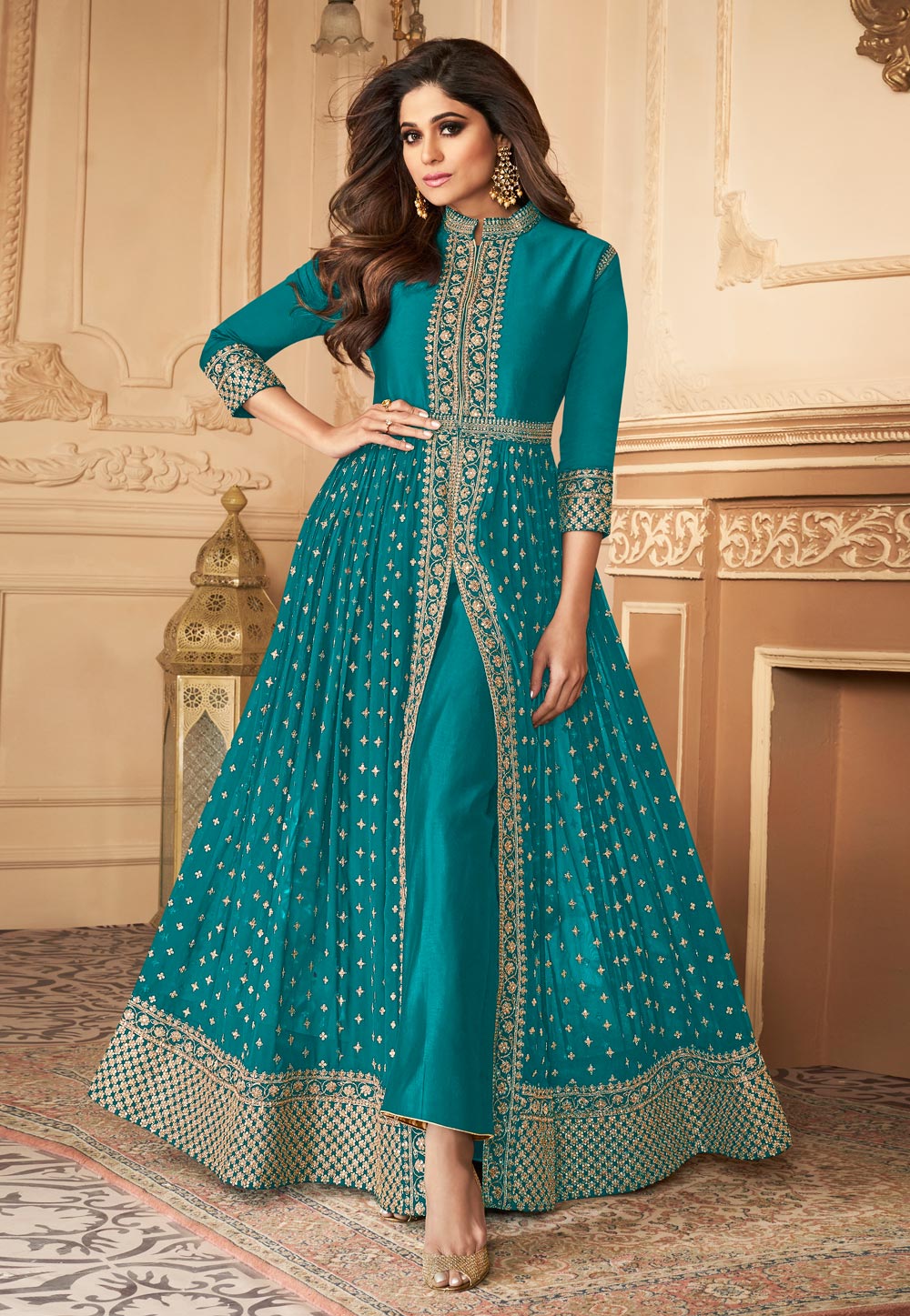 Shamita Shetty Turquoise Georgette Pant Style Suit 217419