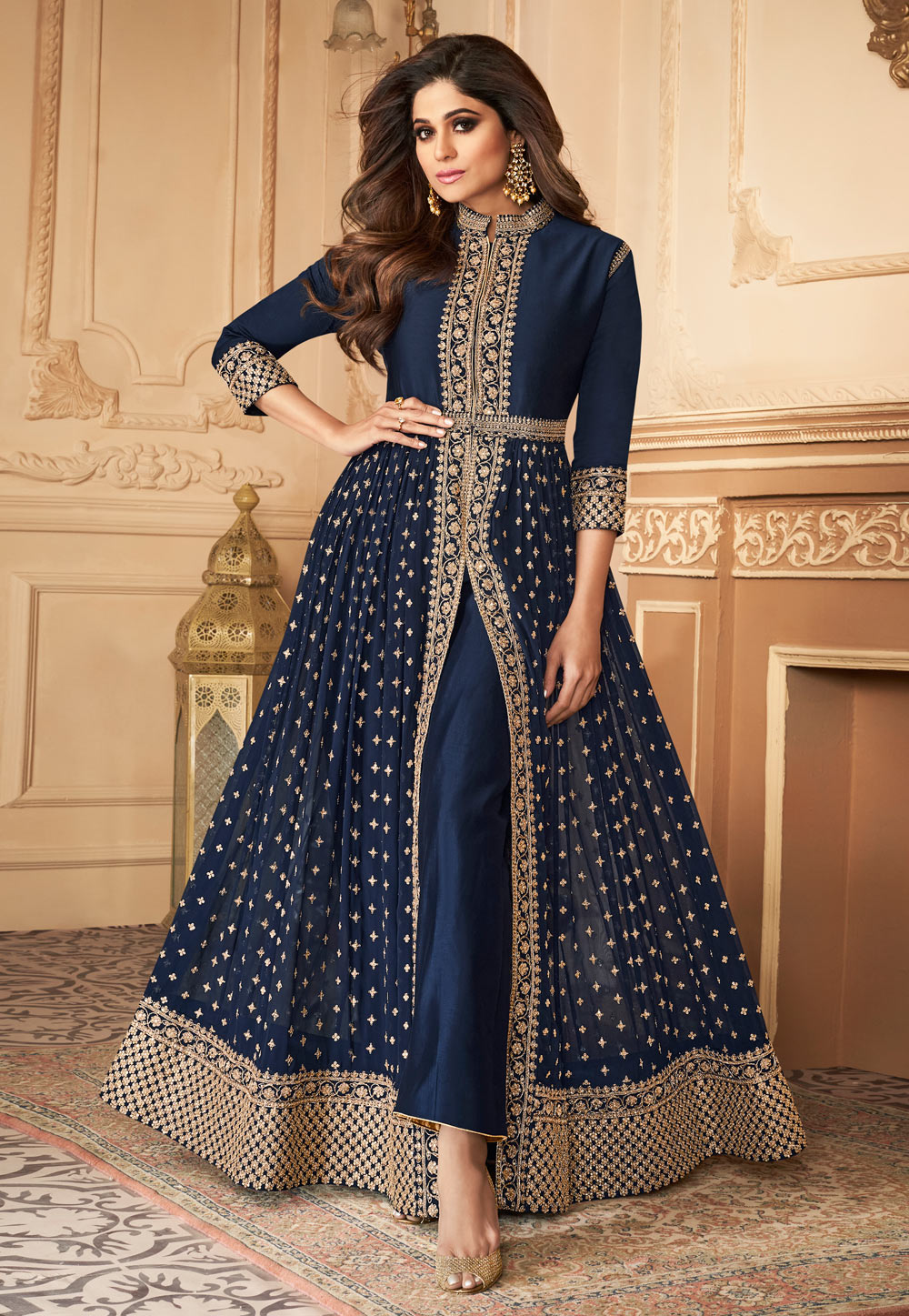 Shamita Shetty Navy Blue Georgette Bollywood Suit 208883