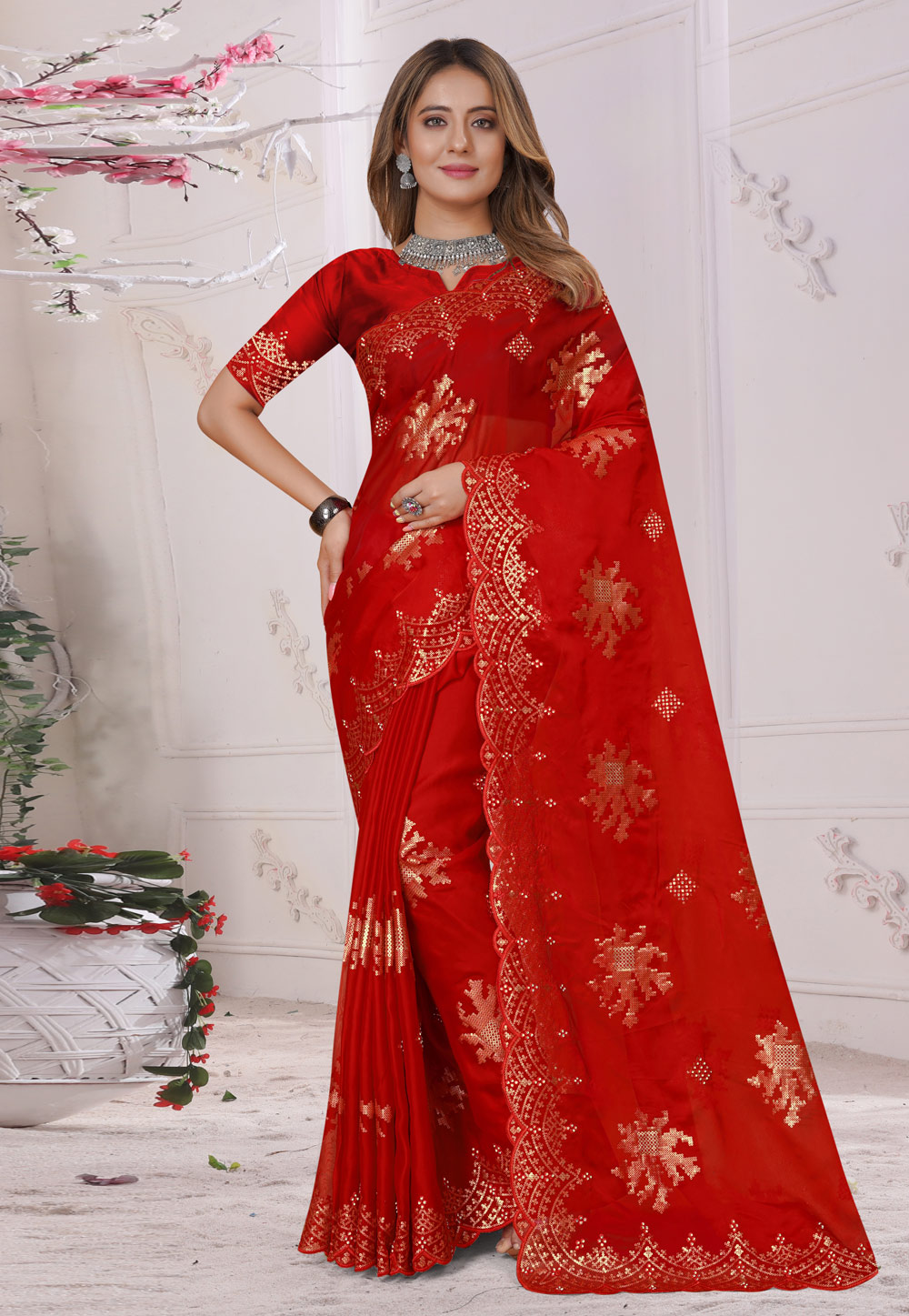 Red Organza Saree With Blouse 268758