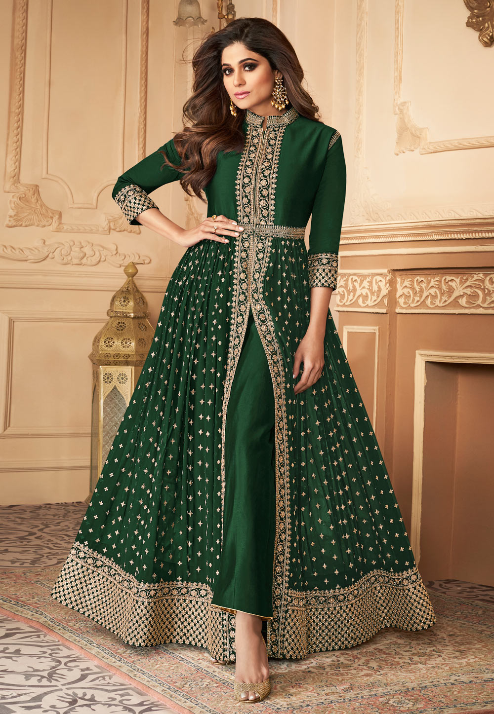 Shamita Shetty Green Georgette Bollywood Anarkali Suit 208885