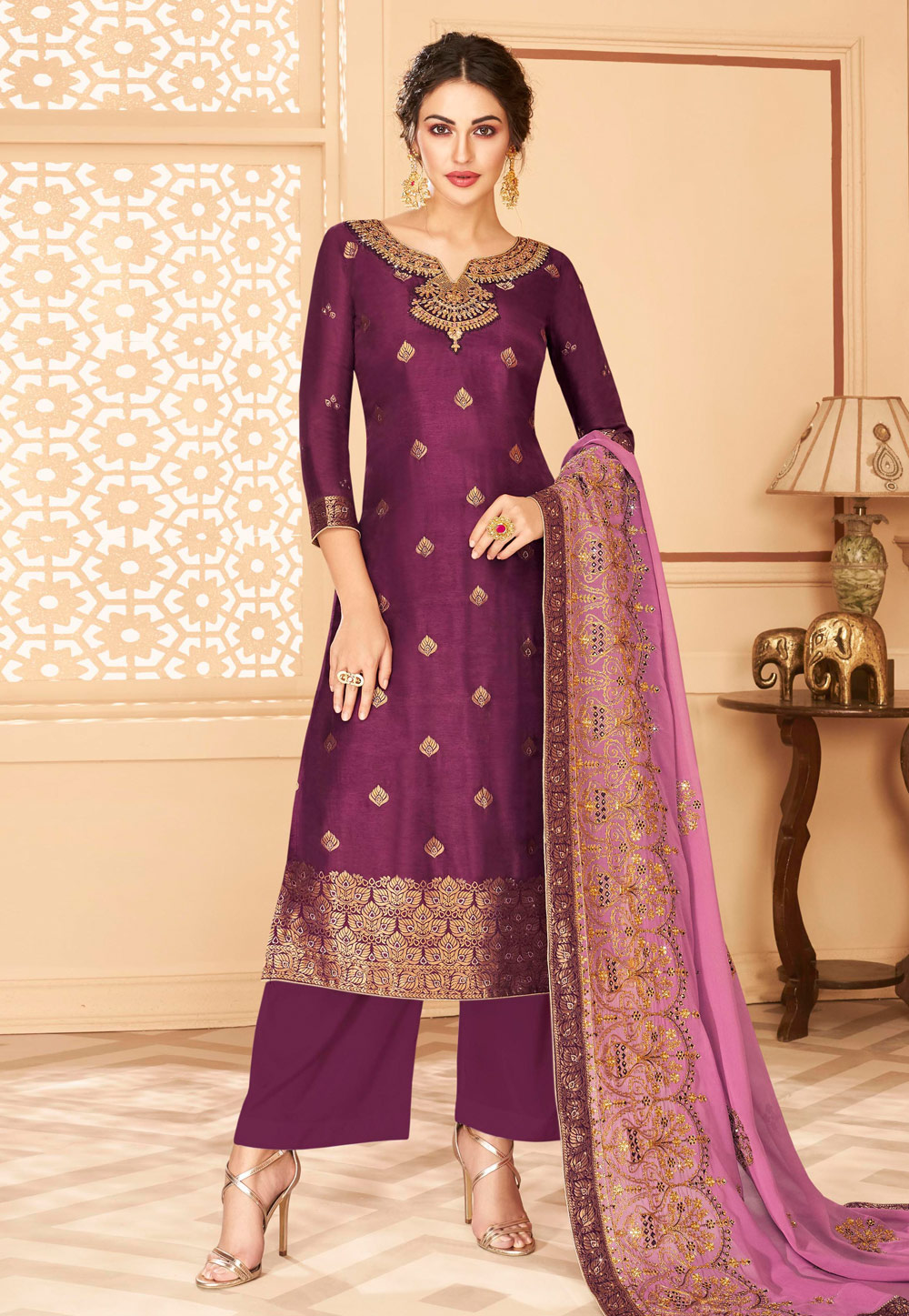 Purple Jacquard Palazzo Suit 212329