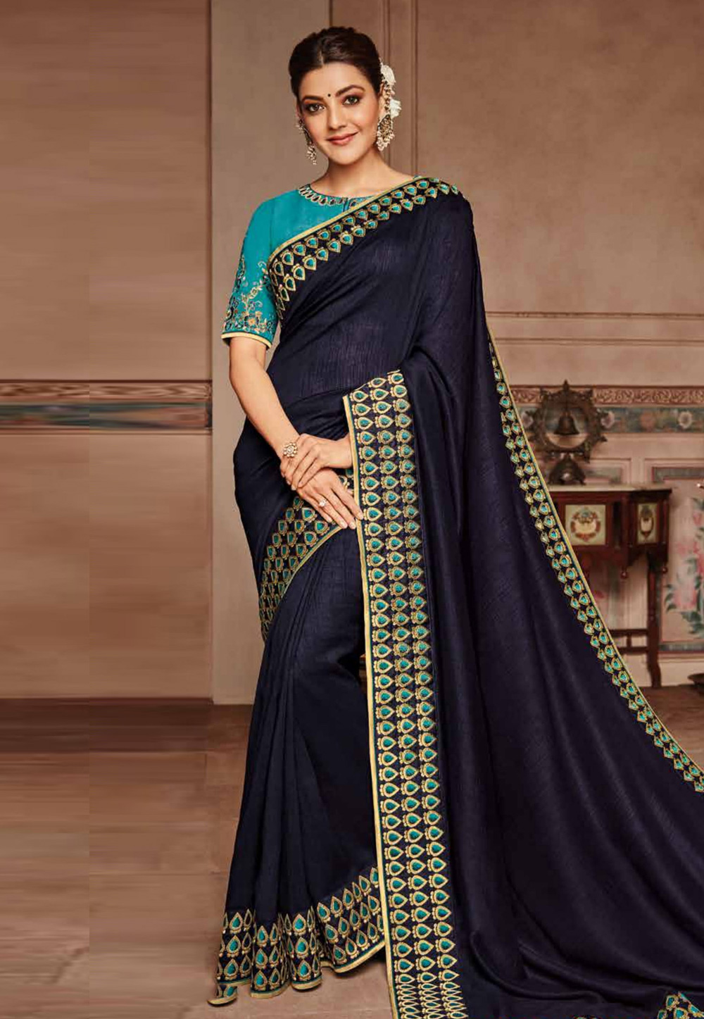 Kajal Aggarwal Navy Blue Satin Embroidered Bollywood Wear Saree With Blouse 167212