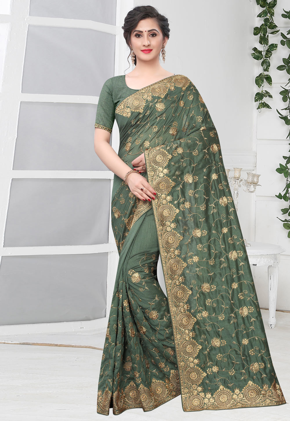 Olive Green Silk Saree With Blouse 210567
