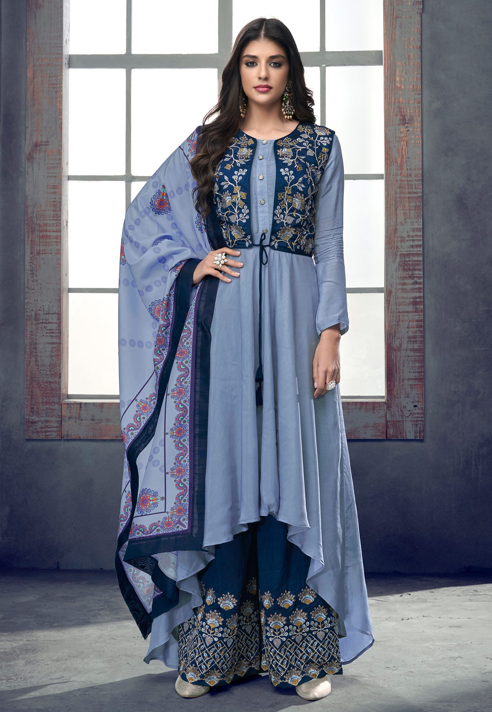 Light Blue Cotton Readymade Palazzo Suit With Jacket 157593