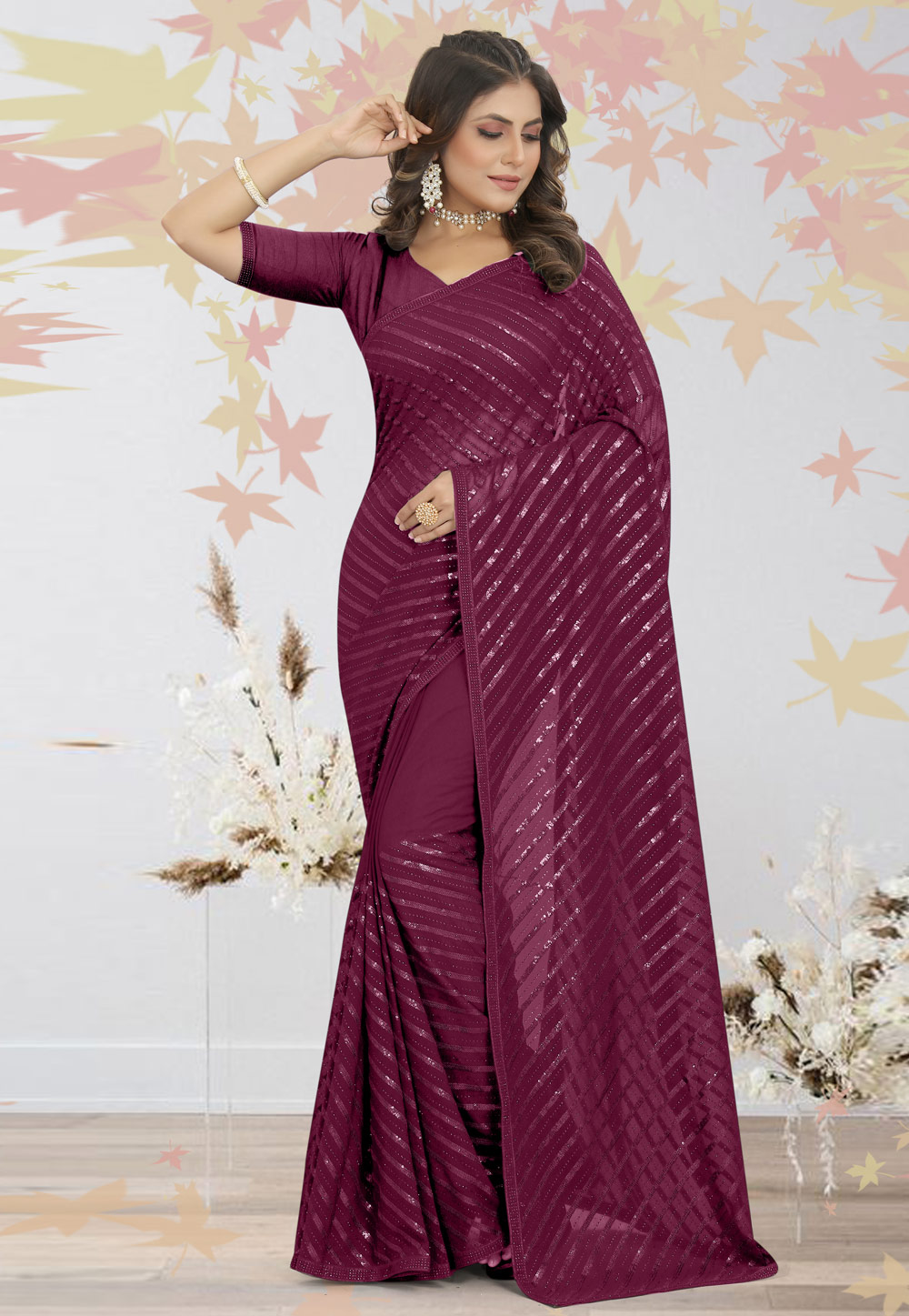Wine Georgette Saree Wih Blouse 269292