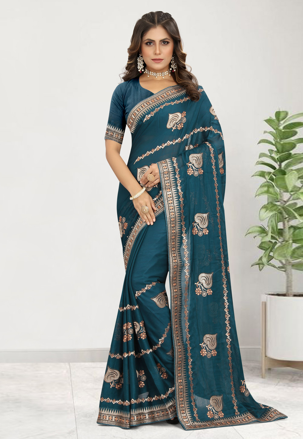 Teal Satin Chiffon Saree With Blouse 269784