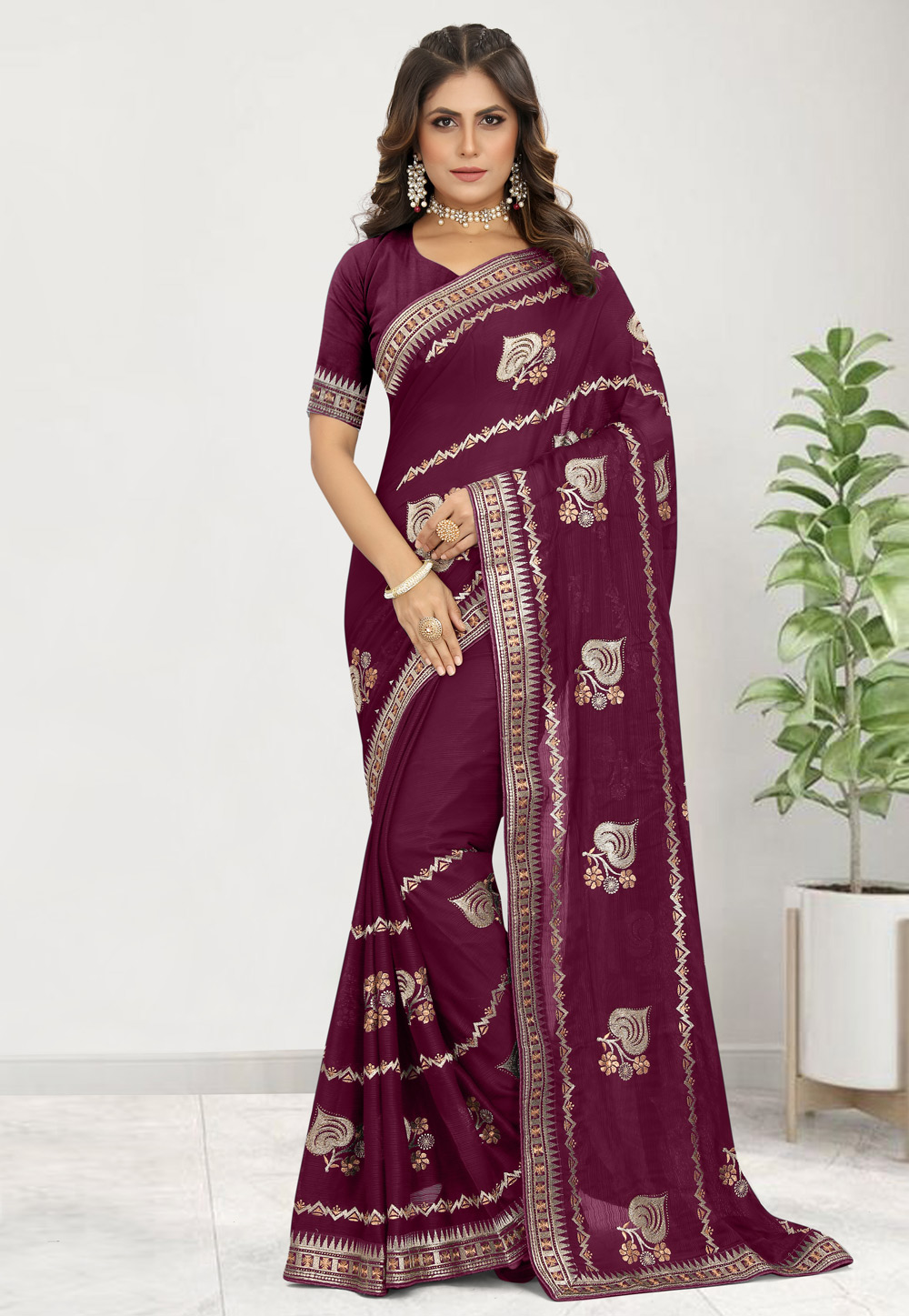 Wine Satin Chiffon Saree With Blouse 269785