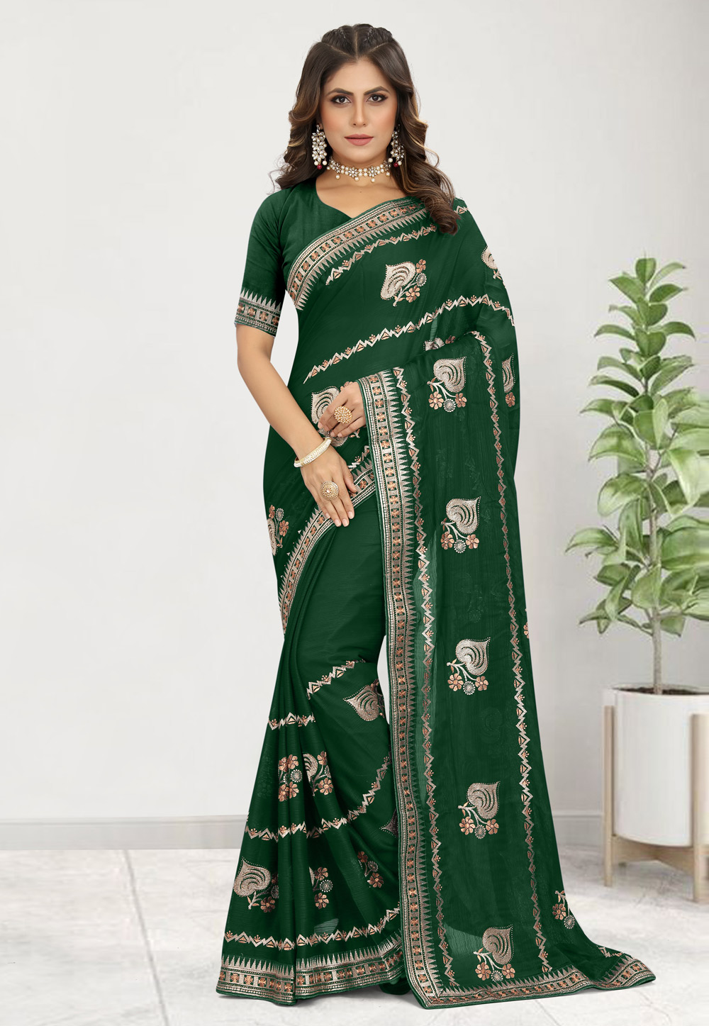 Green Satin Chiffon Saree With Blouse 269786