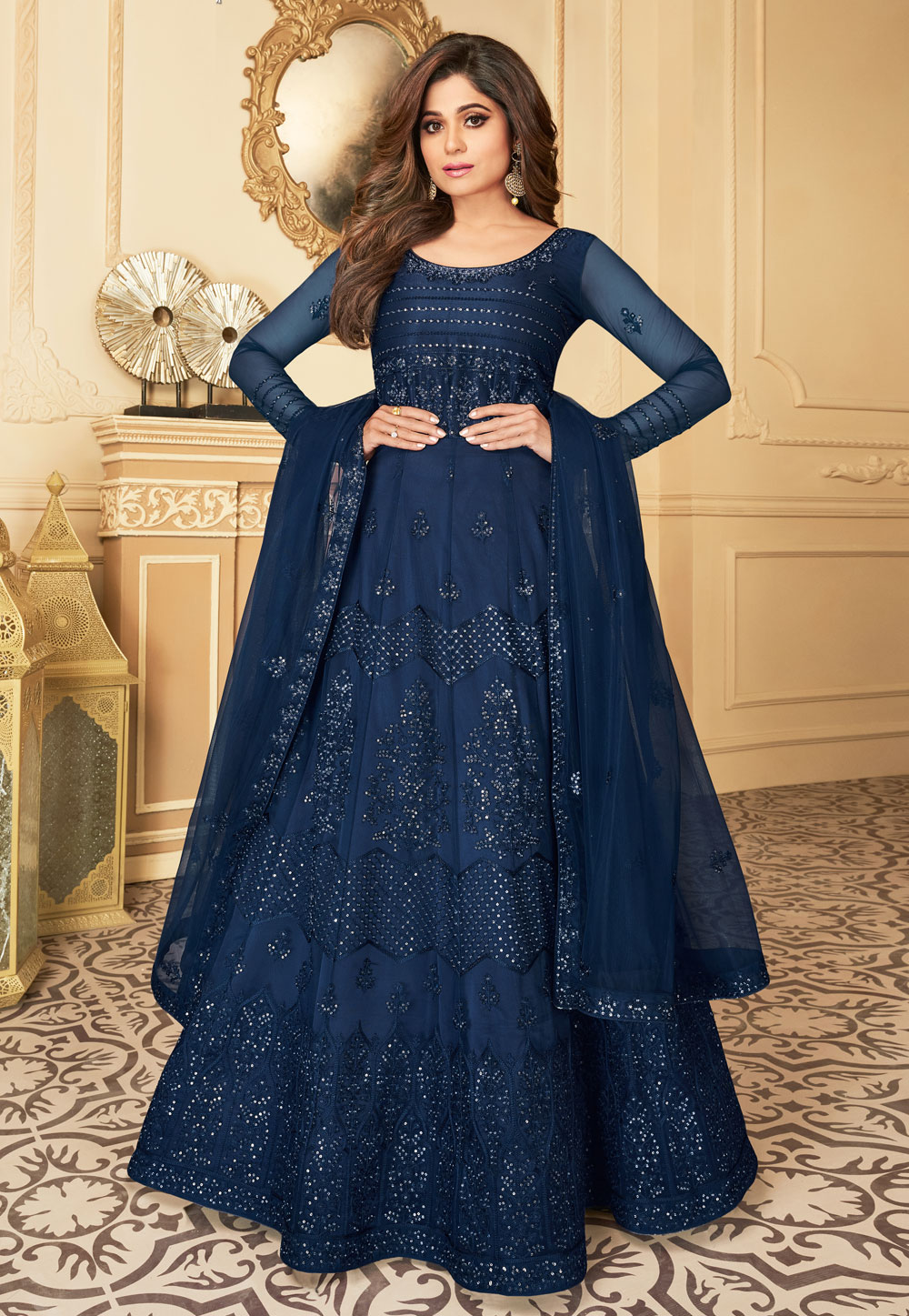 Shamita Shetty Blue Net Embroidered Long Anarkali Suit 211127