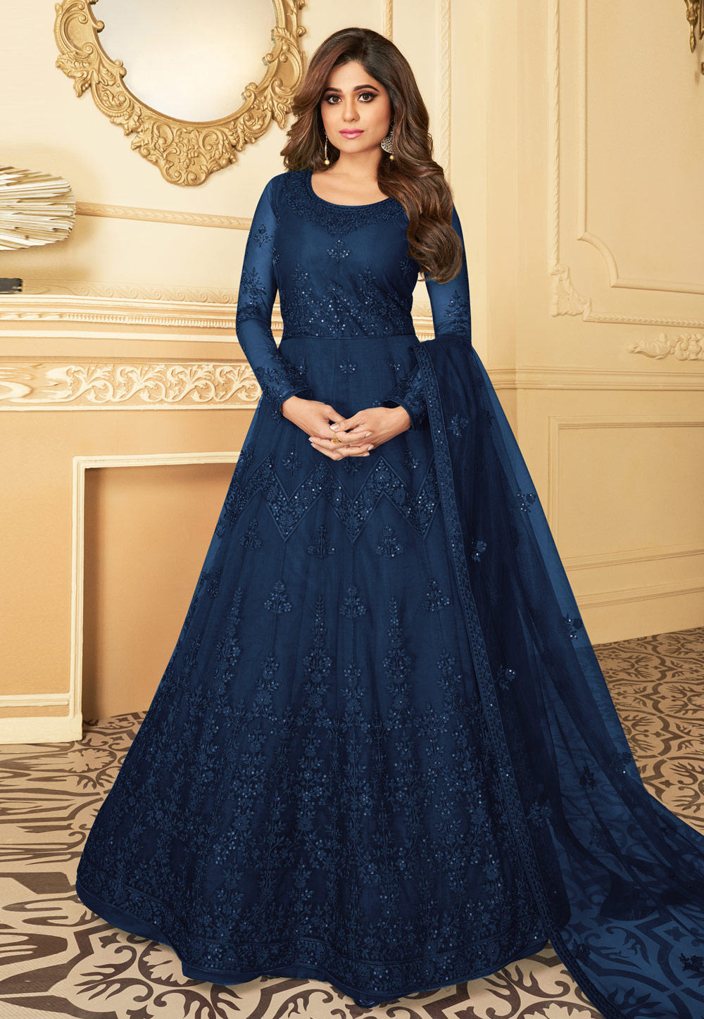 Shamita Shetty Navy Blue Net Long Anarkali Suit 257801