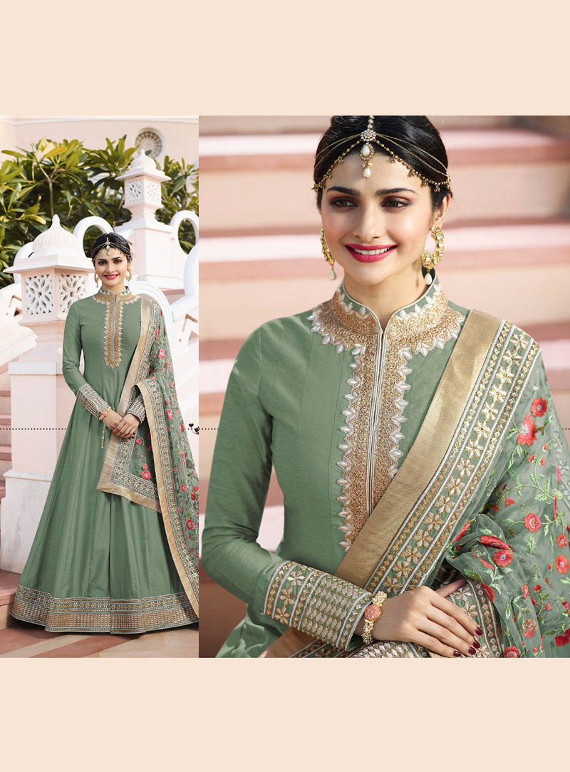 Prachi Desai Green Silk Long Anarkali Suit 130501