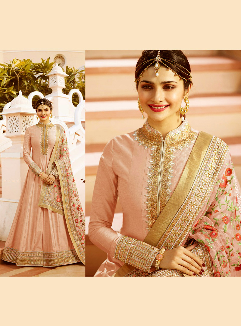 Prachi Desai Beige Silk Long Anarkali Suit 130500