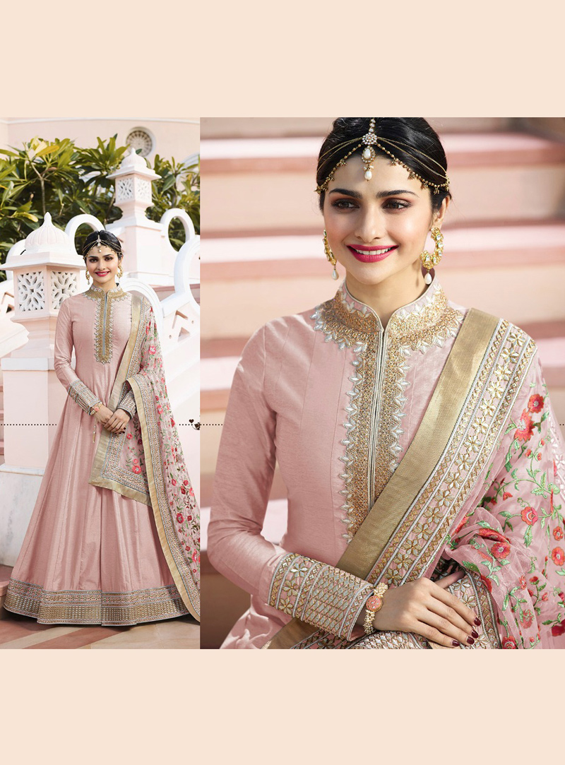 Prachi Desai Pink Silk Long Anarkali Suit 130502