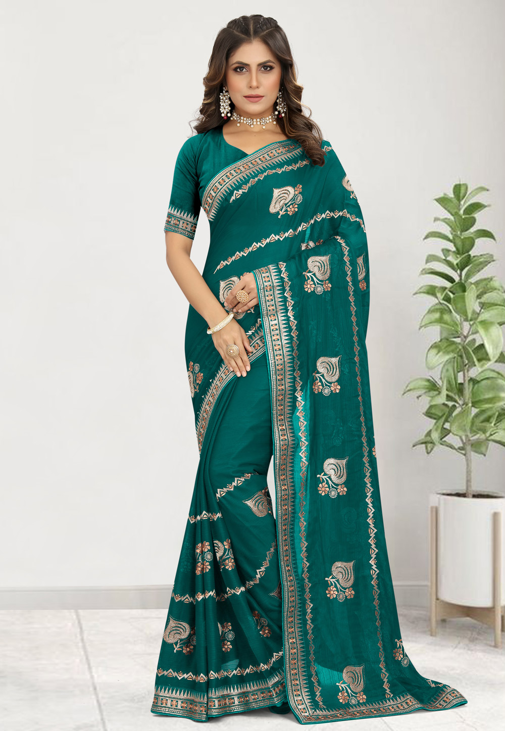 Teal Satin Chiffon Saree With Blouse 269787