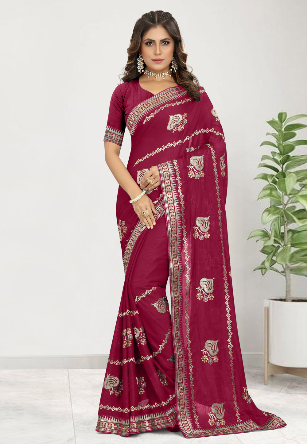 Maroon Satin Chiffon Saree With Blouse 269788