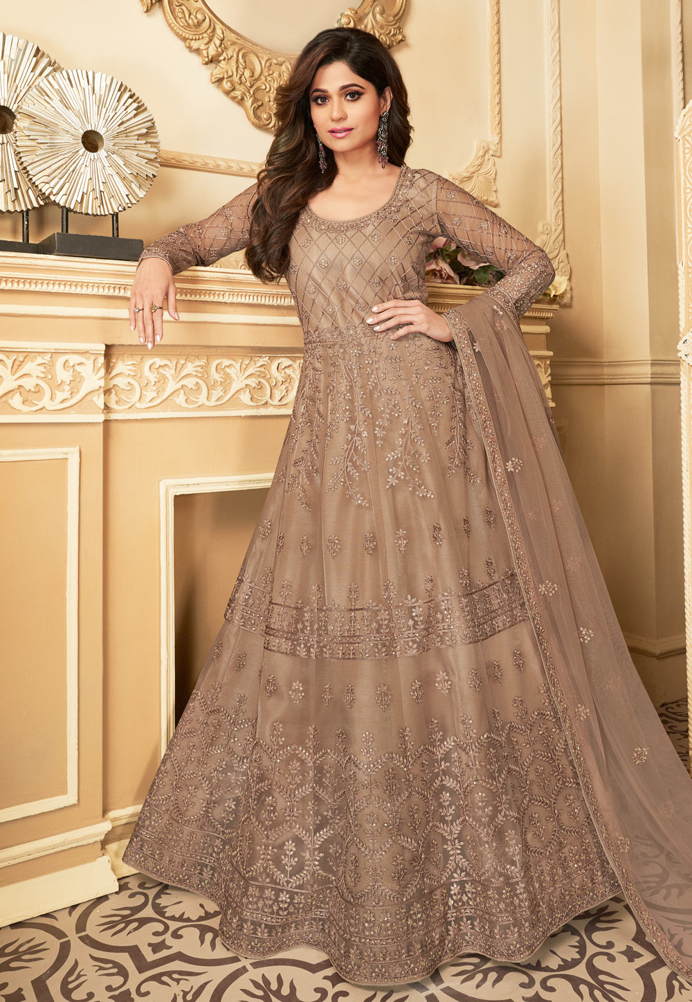 Shamita Shetty Light Brown Net Embroidered Abaya Style Anarkali Suit 211129