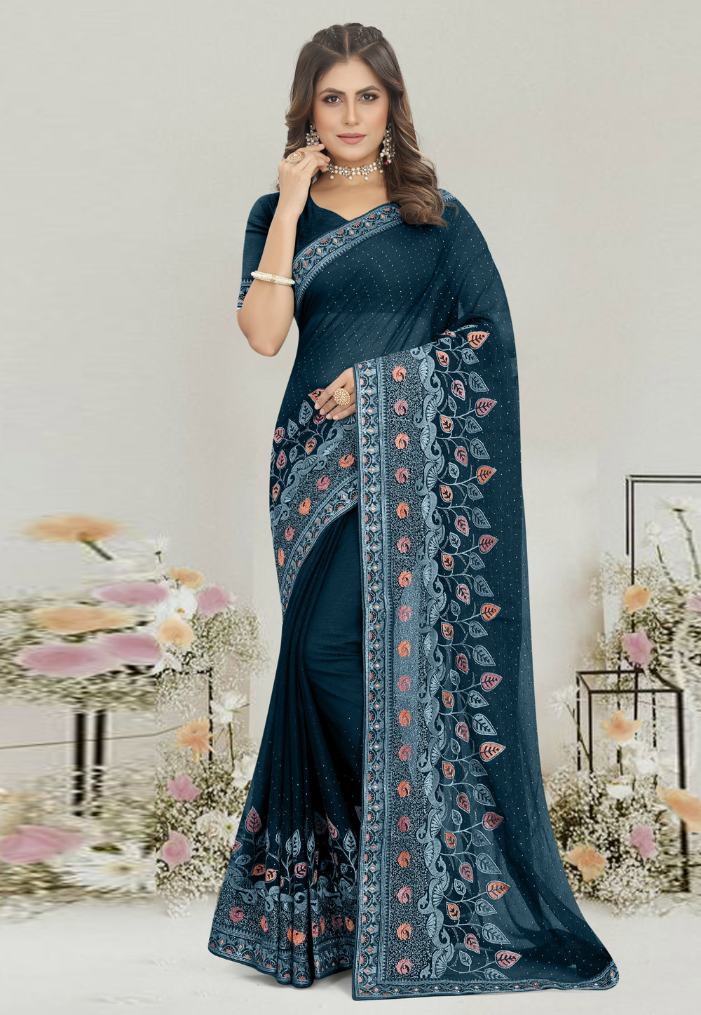 Navy Blue Shimmer Saree With Blouse 269789