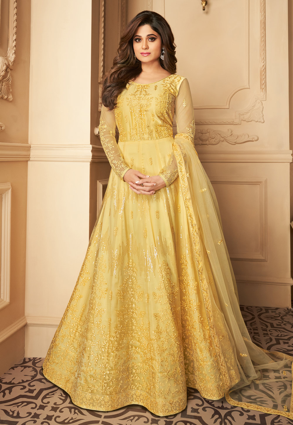Shamita Shetty Yellow Net Embroidered Bollywood Anarkali Suit 211130