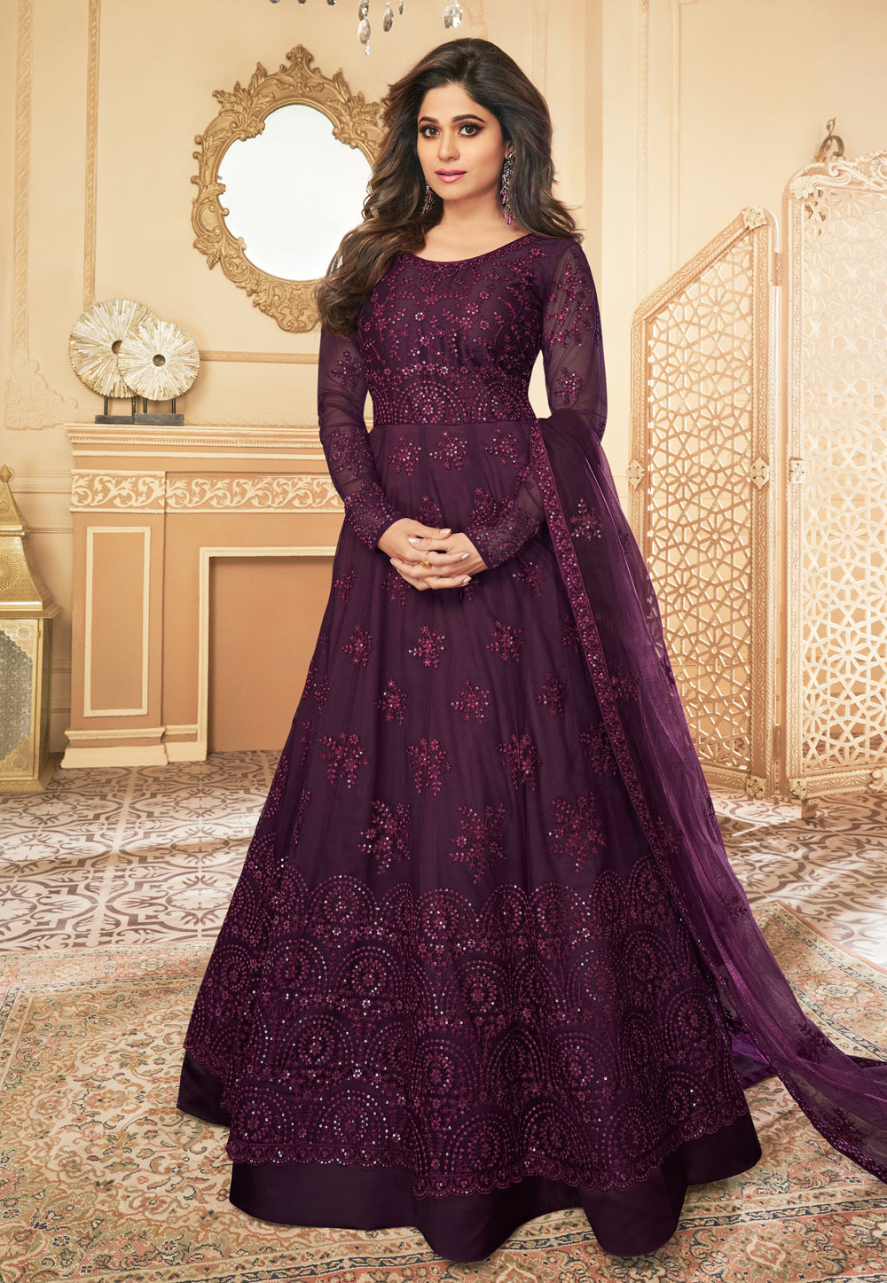 Shamita Shetty Purple Net Embroidered Abaya Style Anarkali Suit 211131