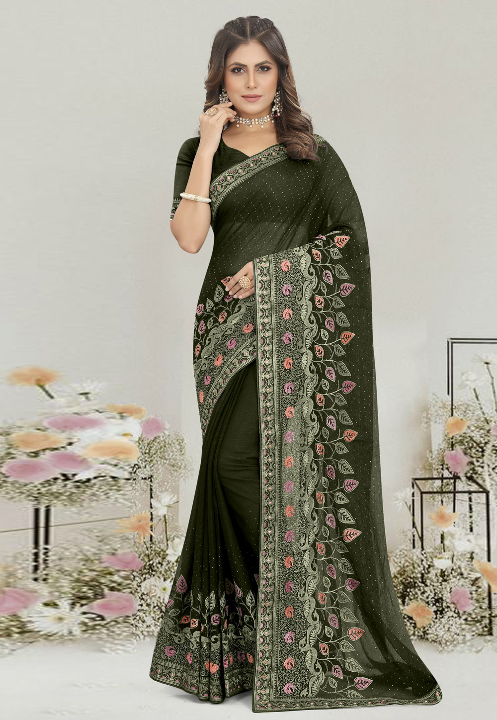 Mehndi Shimmer Saree With Blouse 269791