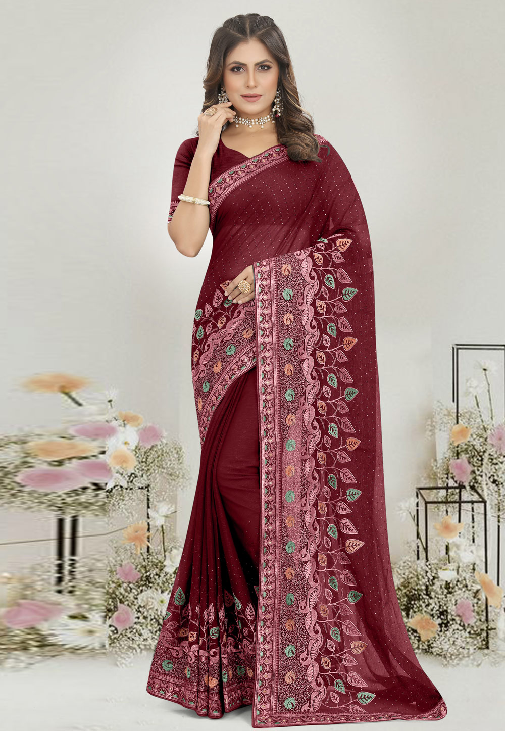 Maroon Shimmer Saree With Blouse 269792