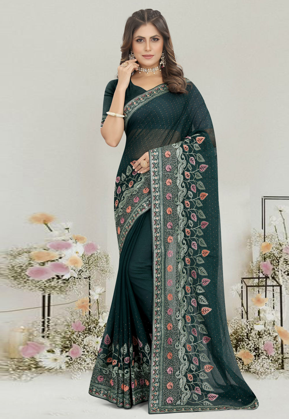 Teal Shimmer Saree With Blouse 269793