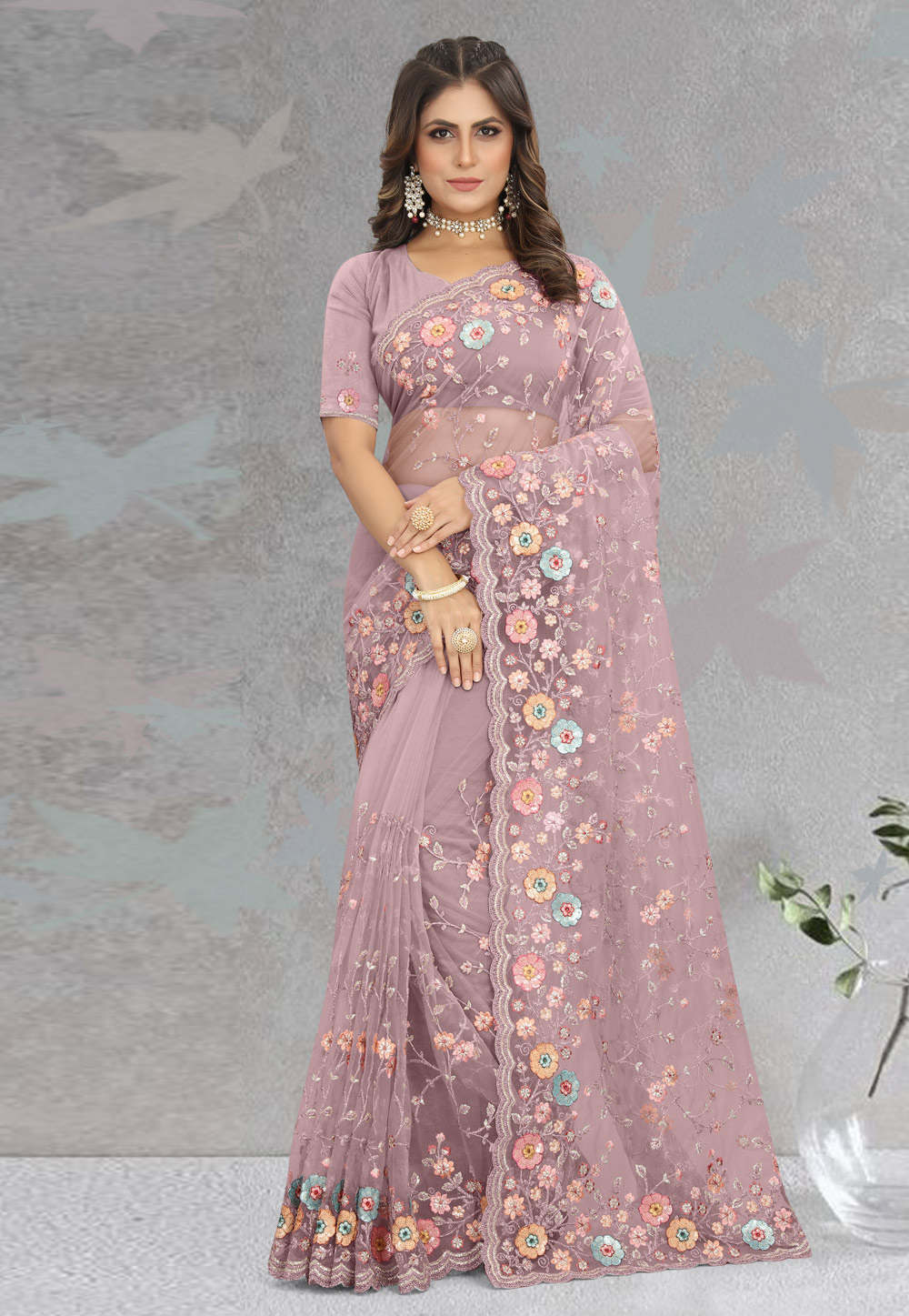 Pink Net Saree With Blouse 270071