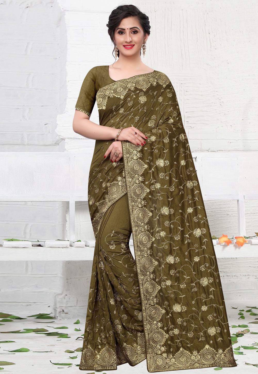 Mehndi Silk Saree With Blouse 210569