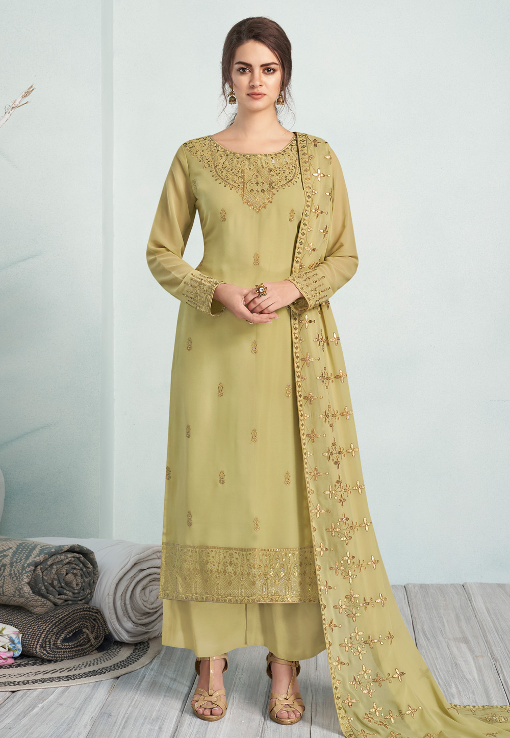Green Georgette Palazzo Suit 212871