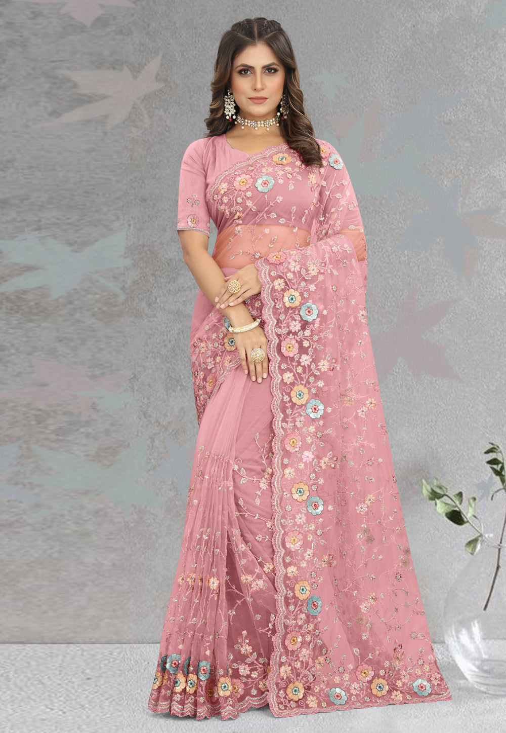 Pink Net Saree With Blouse 270074