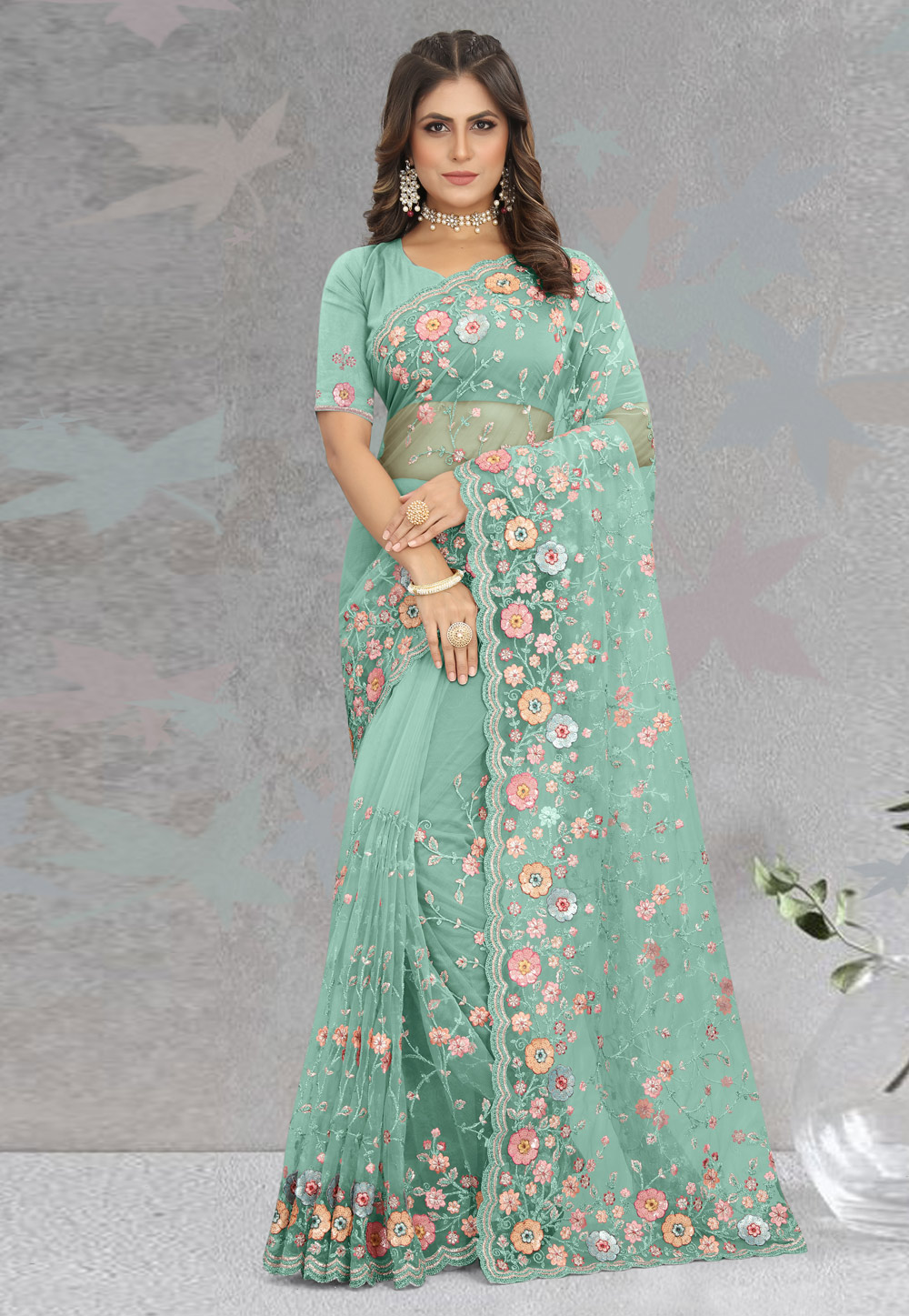 Sea Green Net Saree With Blouse 270075