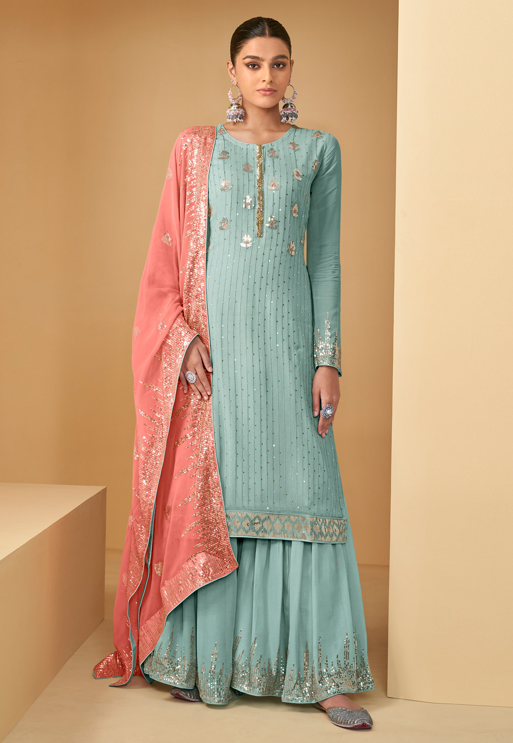 Sky Blue Georgette Sharara Suit 263176