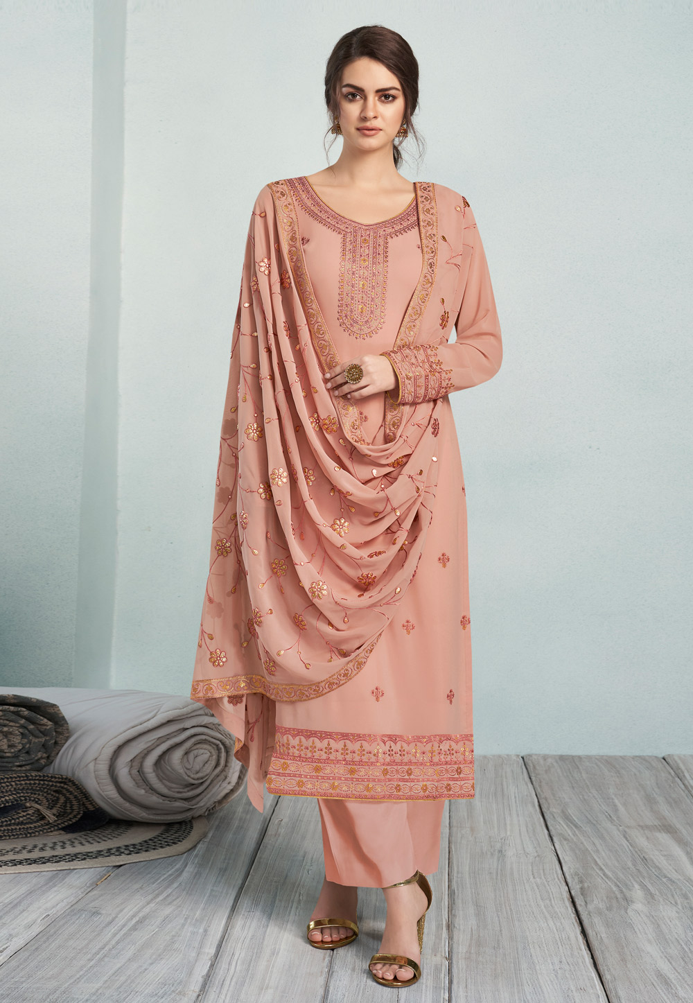 Peach Georgette Palazzo Suit 212875