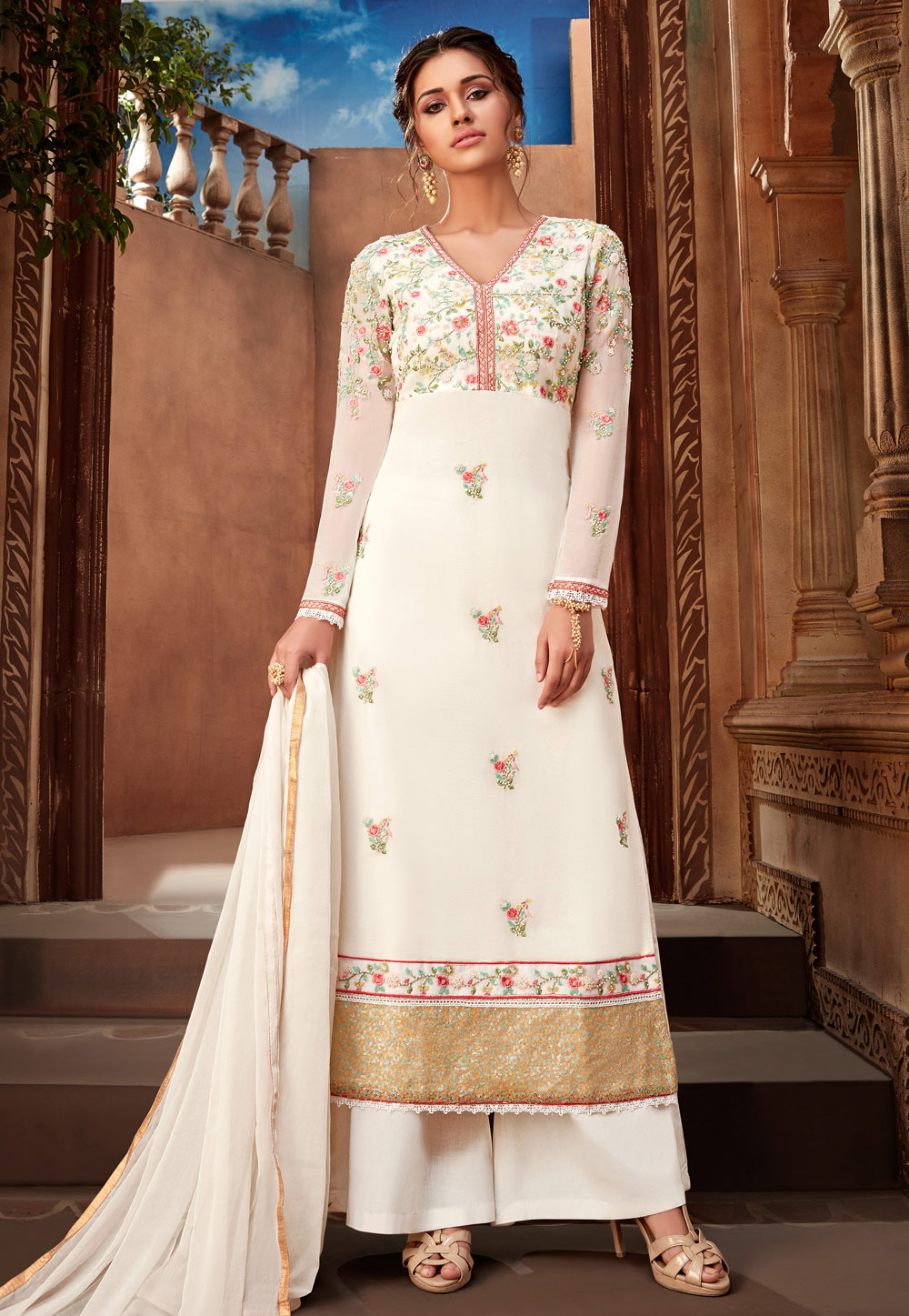 White Georgette Palazzo Suit 185925