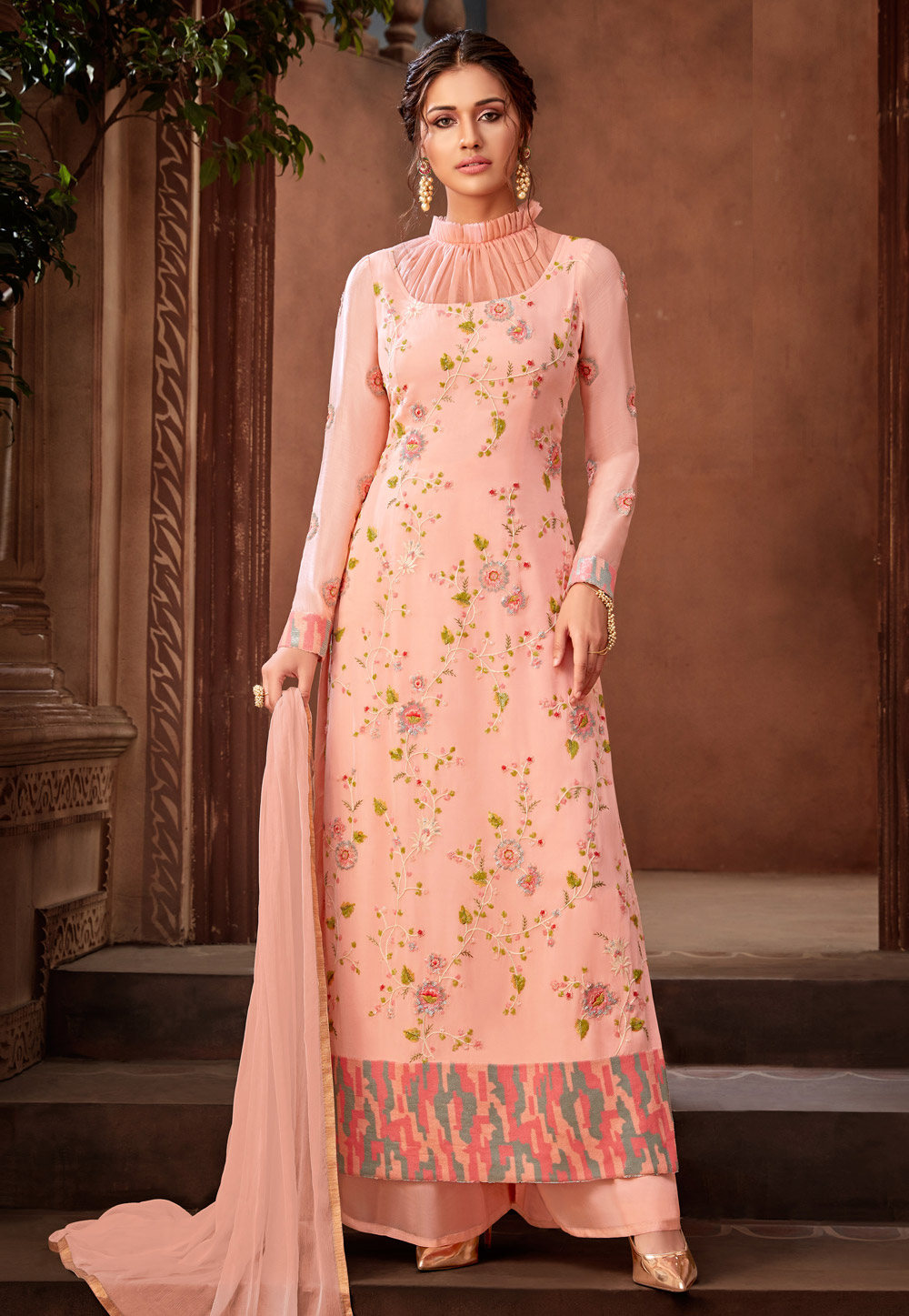 Peach Georgette Palazzo Style Suit 185927
