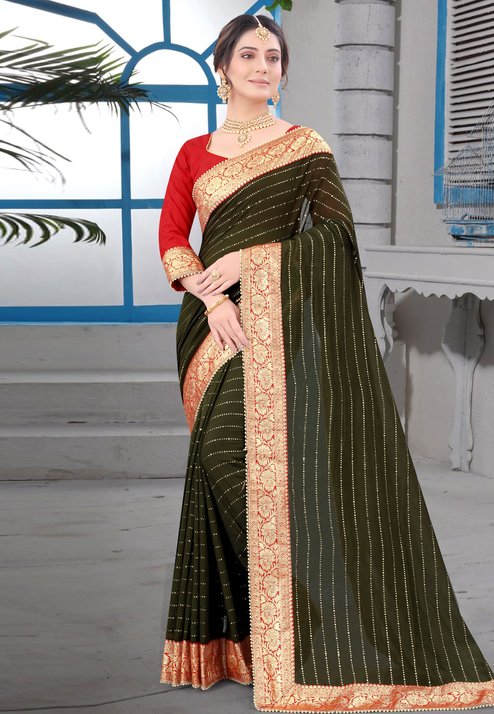 Mehndi Silk Saree With Blouse 271046