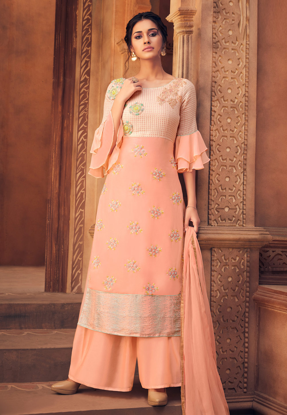 Peach Georgette Palazzo Style Suit 185930