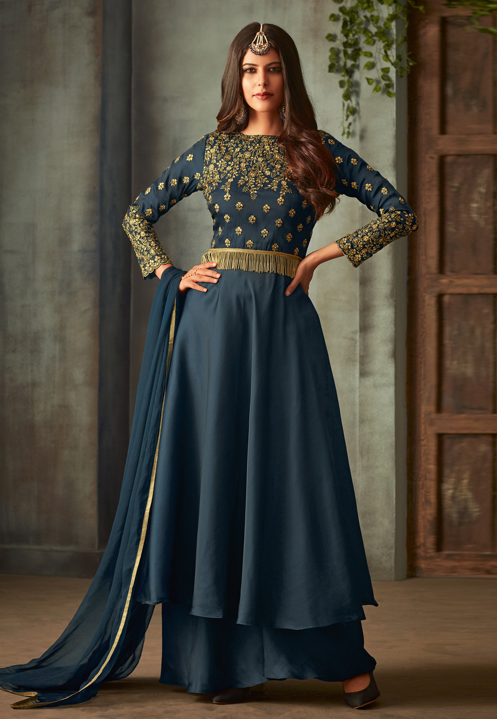 Blue Silk Palazzo Style Suit 185082