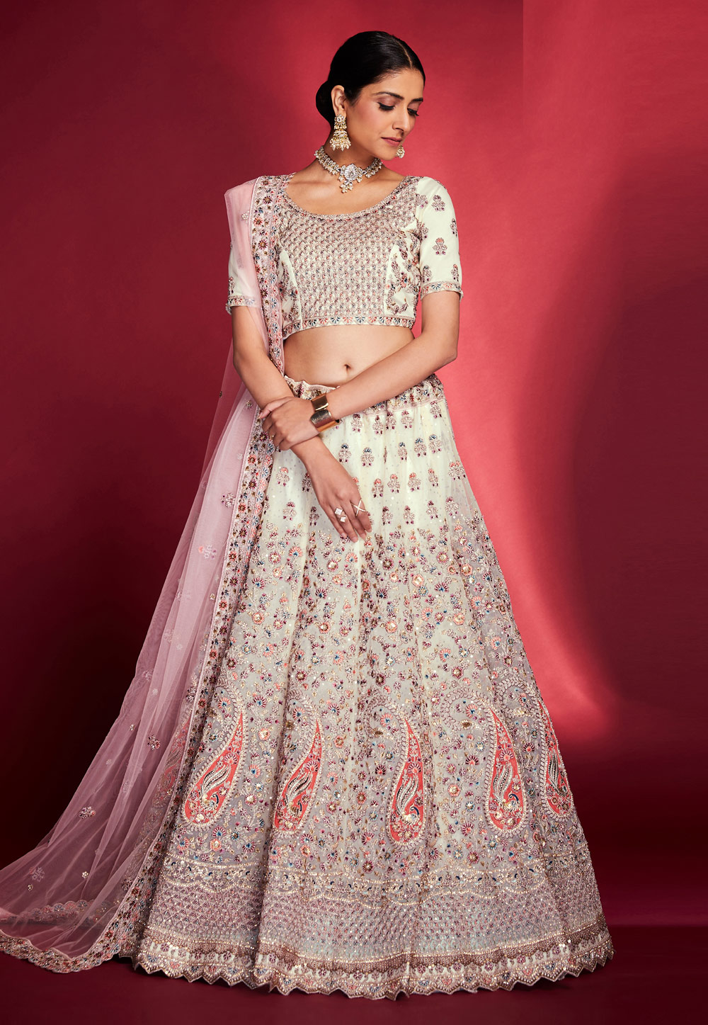 White & Rani Pink Cotton Lace Embroidered Lehenga Set For Girls Design by  Littleduds Baby Boutique at Pernia's Pop Up Shop 2024
