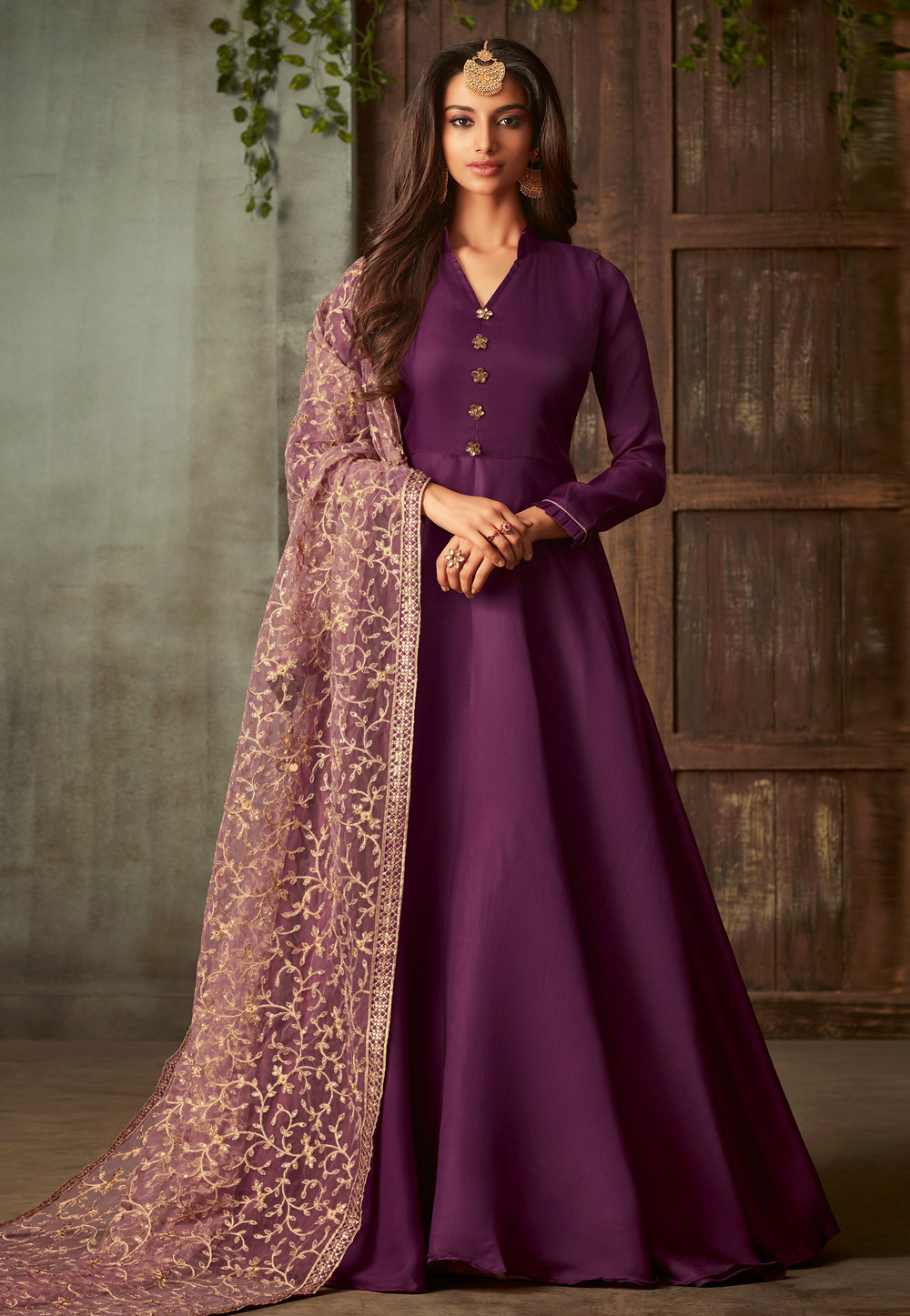 Purple Silk Long Anarkali Suit 185085