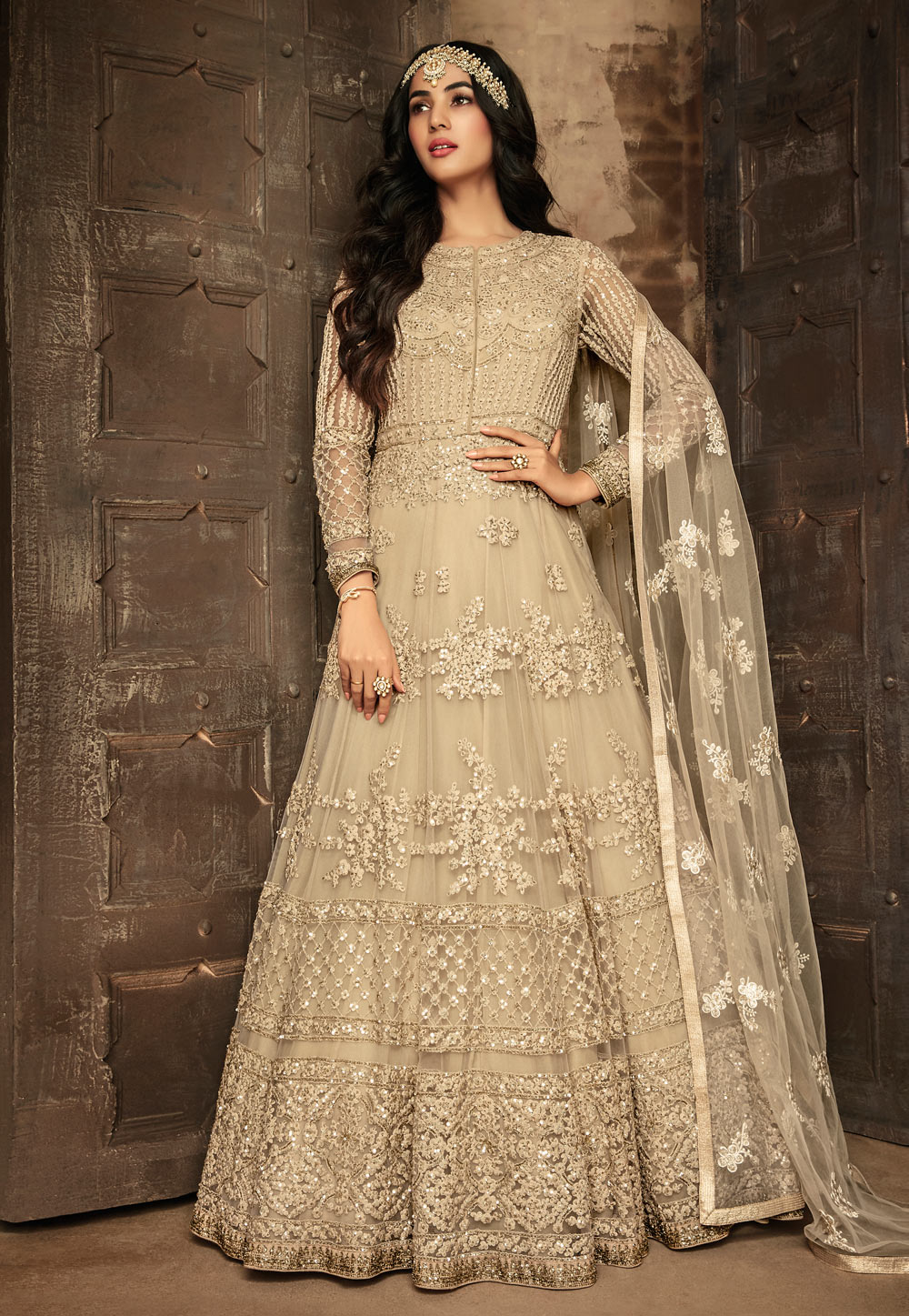 Sonal Chauhan Beige Net Embroidered Long Anarkali Suit 171220