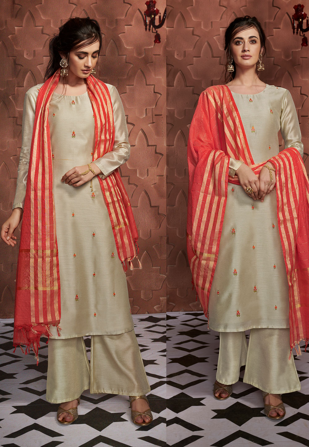 Beige Silk Readymade Palazzo Suit 197248